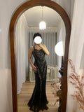 Sexy And Beautiful Black Halter Neck Mermaid Beaded Sequined Long Prom Dress HZ1022
