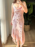 Cute Pink Mermaid Beaded Flower Spaghetti Straps Irregular Skirt Prom Dress HZ1022