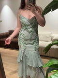 Fresh Green Beaded Sequined Chiffon Irregular Fishtail Prom Dress HZ1022