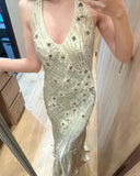 Vintage Elegant White Halter Backless Mermaid Satin Prom Dress HZ1022