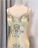 Vintage Yellow Strap Heavy Beaded Satin Lace Mermaid Prom Dress HZ1022