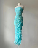 Elegant Blue Strapless Beaded Mermaid Chiffon Prom Dress HZ1022