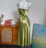 Simple V-neck Strap Satin Green Prom Dress HZ1022