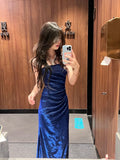 Shiny Strapless Sapphire Blue High Slit Mermaid Evening Dress Prom Dress HZ1022