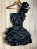 Elegant Satin One Shoulder Black Bud Mini Homecoming Dress HZ1022