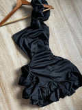 Elegant Satin One Shoulder Black Bud Mini Homecoming Dress HZ1022