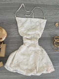 Spaghetti Strap White Embroidered Tie Back Mini Homecoming Dress HZ1022