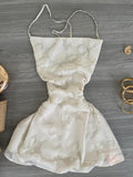 Spaghetti Strap White Embroidered Tie Back Mini Homecoming Dress HZ1022