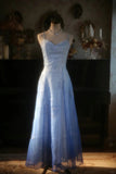 Vintage Gradient Blue Spaghetti Strap Beaded Tulle Long Prom Dress HZ1022