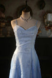 Vintage Gradient Blue Spaghetti Strap Beaded Tulle Long Prom Dress HZ1022