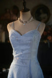 Vintage Gradient Blue Spaghetti Strap Beaded Tulle Long Prom Dress HZ1022