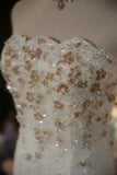 Elegant White Strapless Beaded Lace Trim Shiny Long Prom Dress HZ1022