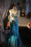 Vintage Beaded Strapless Blue Satin Gold Embroidery Train Prom Dress HZ1022
