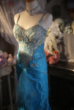 Vintage Beaded Strapless Blue Satin Gold Embroidery Train Prom Dress HZ1022