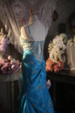 Vintage Beaded Strapless Blue Satin Gold Embroidery Train Prom Dress HZ1022