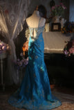 Vintage Beaded Strapless Blue Satin Gold Embroidery Train Prom Dress HZ1022