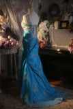 Vintage Beaded Strapless Blue Satin Gold Embroidery Train Prom Dress HZ1022