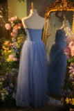 Elegant Blue Sweetheart Neckline Lace Patchwork A-line Floor-length Prom Dress HZ1022