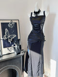 Stunning Black Mermaid Strap Lace Drawstring Prom Dress HZ1022