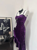 Charming Purple Velvet Spaghetti Strap Irregular Mermaid Prom Dress HZ1022