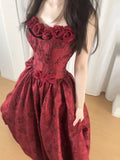 Beautiful Burgundy Tube Top Three-dimensional Rose Lace A-line Prom Dress HZ1022
