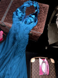 Elegant Blue Satin Halter Neck Beaded Long Prom Dress HZ1022