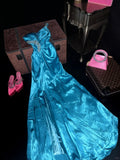 Elegant Blue Satin One Shoulder Beaded Slit Long Prom Dress HZ1022