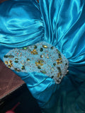 Elegant Blue Satin One Shoulder Beaded Slit Long Prom Dress HZ1022