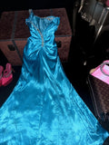 Elegant Blue Satin One Shoulder Beaded Slit Long Prom Dress HZ1022