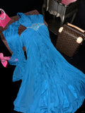 Vintage One Shoulder Chiffon Studded Beaded Stone Blue Long Prom Dress HZ1022