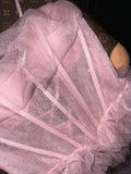Cute Pink Spaghetti Strap Glitter Tulle Herringbone Puffy Prom Dress HZ1022