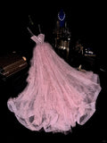 Cute Pink Spaghetti Strap Glitter Tulle Herringbone Puffy Prom Dress HZ1022