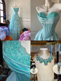 Elegant And Simple Sweetheart Neckline Blue Satin Chiffon A-line Prom Dress HZ1022