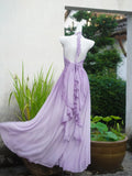 Flowing Chiffon Backless Purple Halter Neck Ruffled Long Prom Dress HZ1022