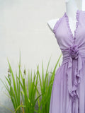Flowing Chiffon Backless Purple Halter Neck Ruffled Long Prom Dress HZ1022