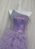 Elegant Purple One Shoulder Sequined Layered Tulle Long Prom Dress HZ1022