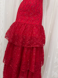 Beautiful Red Sling Lace Waist Ruffle Cake Skirt Prom Dress HZ1022