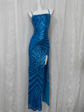 Elegant Blue Sequined Sling Slit Simple Long Prom Dress HZ1022