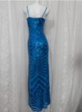 Elegant Blue Sequined Sling Slit Simple Long Prom Dress HZ1022