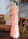 Beautiful Pink Printed Oil Painting V-neck Chiffon Mermaid Prom Dress HZ1022