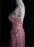 Retro Pink Beaded Backless 3D Flower Gradient Long Prom Dress HZ1022