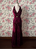 Vintage Deep V Neck Burgundy Velvet Long Prom Dress HZ1022