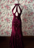 Vintage Deep V Neck Burgundy Velvet Long Prom Dress HZ1022