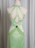 Retro Light Green Water Drop Beaded Deep V Backless Mermaid Satin Prom Dress HZ1022
