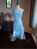 Cute Blue Beaded Ruffled Collar Birthday Party Homecoming Dress HZ1022