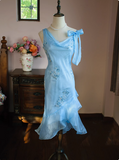 Cute Blue Beaded Ruffled Collar Birthday Party Homecoming Dress HZ1022