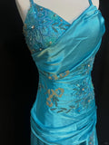 Vintage Blue Beaded Spaghetti Strap Satin Long Prom Dress HZ1022