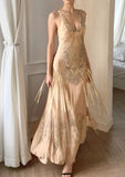 Flowing Champagne V-Neck Beaded Chiffon Tassel Prom Dress HZ1022