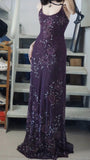 Elegant Purple U-neck Chiffon Beaded Spaghetti Strap Prom Dress HZ1022