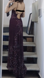 Elegant Purple U-neck Chiffon Beaded Spaghetti Strap Prom Dress HZ1022